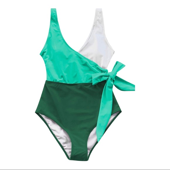 Cupshe Colorblock Wrap Crisscross One Piece Swimsuit Green & White - Picture 3 of 10